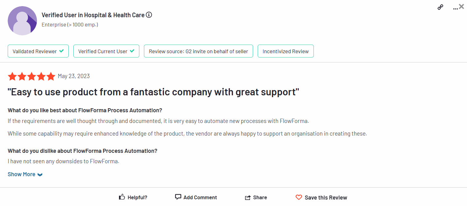 G2 testimonial screenshot highlighting FlowForma’s ease of use