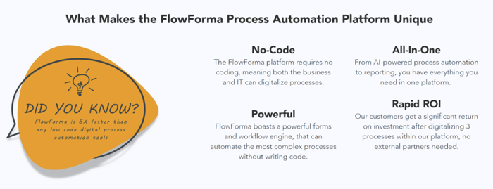 Image Shown:  Screenshot from FlowForma’s website showing its unique aspects 