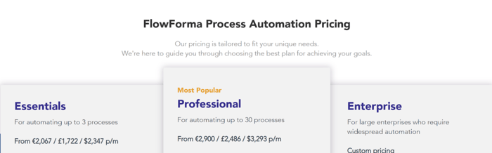 Image Shown:  Screenshot of FlowForma’s pricing structure