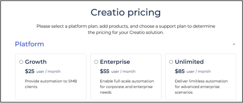 Image Shown: A screenshot of Creatio’s pricing