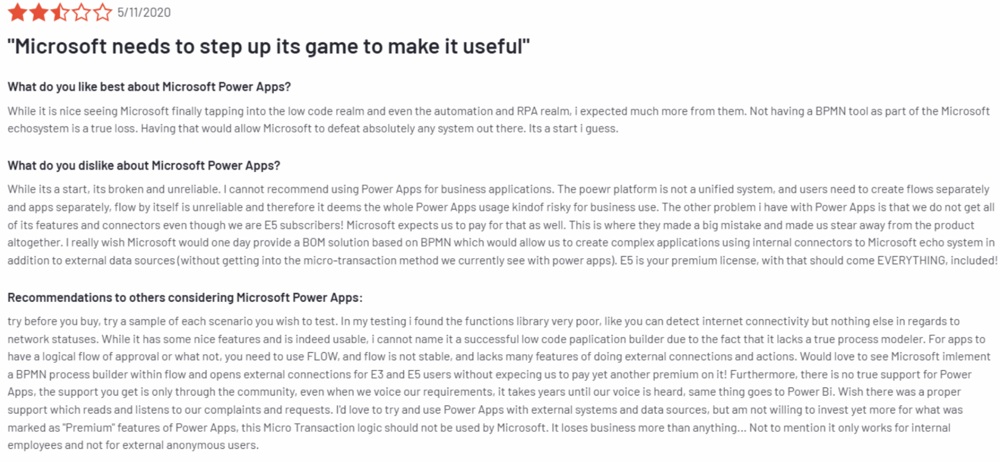 Image Shown: A screenshot from G2 reviewing the features of PowerApps