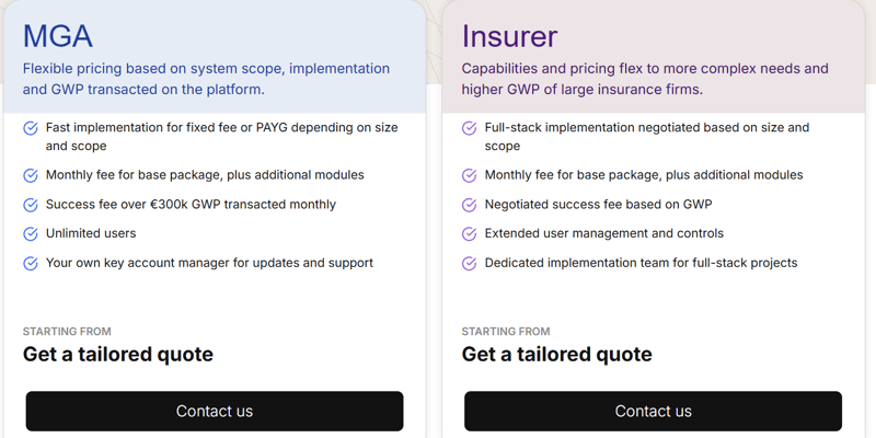 Screenshot of Insly’s pricing model