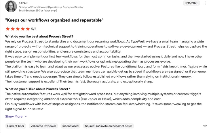 Screenshot of Process Street G2 review by Kate E