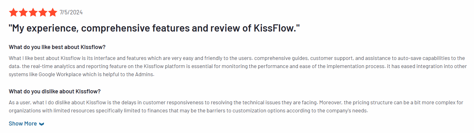 Screenshot of a G2 review for Kissflow