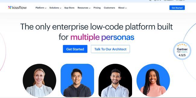 Kissflow homepage showing diverse user personas and platform CTA buttons.