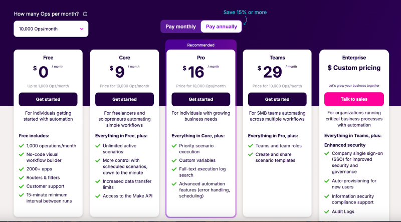 Screenshot of Make’s pricing page