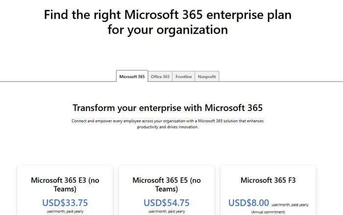 Screenshot of Microsoft’s Enterprise pricing page