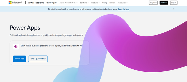 A screenshot of PowerApps’ homepage