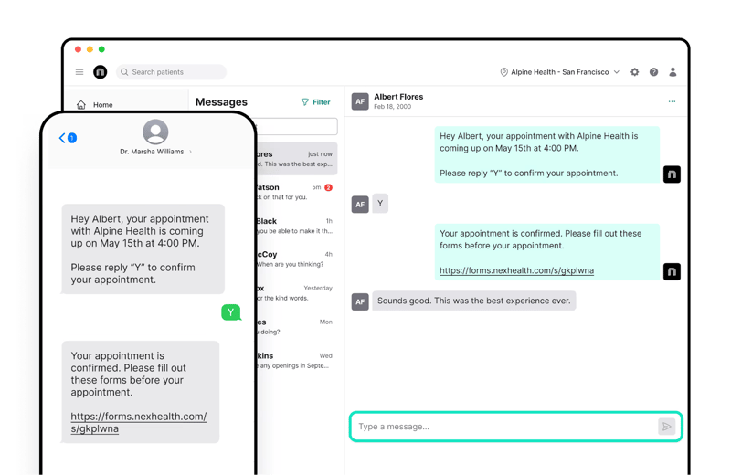 Screenshot of NexHealth’s appointment reminder and feedback collection feature