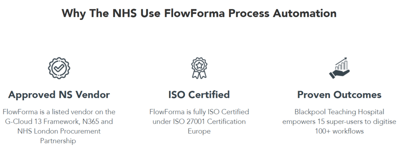 Screenshot of why FlowForma is used within the NHS, showcasing digital transformation and streamlined processes.