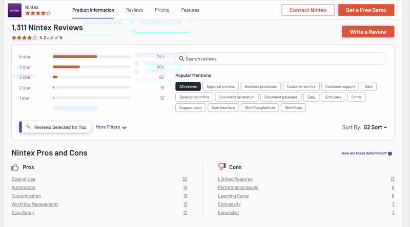 Screenshot of Nintex’s reviews on G2