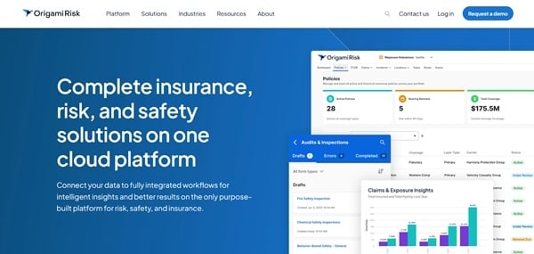 Screenshot of Origami Risk’s homepage 