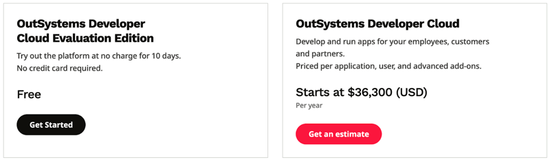 Screenshot of OutSystems pricing plans.