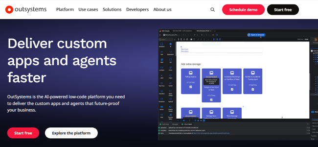Screenshot of the OutSystems homepage promoting its AI-powered low-code platform for building custom apps.