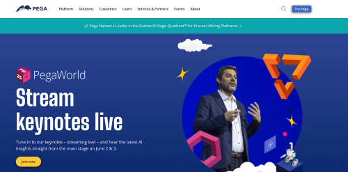 Screenshot of the Pega homepage promoting PegaWorld with a live stream of keynote sessions.