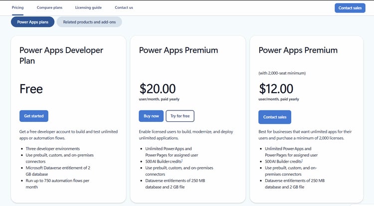 Screenshot of PowerApps pricing