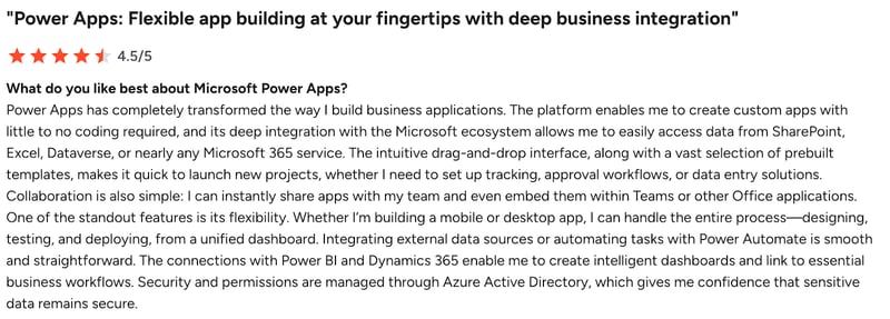 Screenshot of G2 review of Power Apps