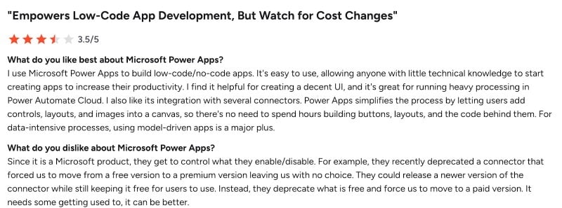 Screenshot of G2 review of Power Apps