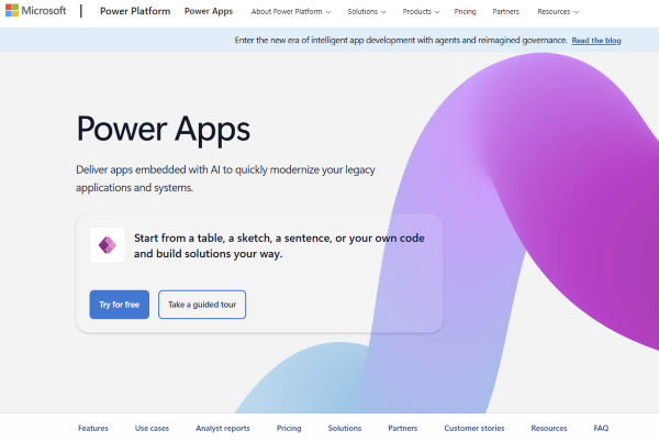 A screenshot of PowerApps’ homepage