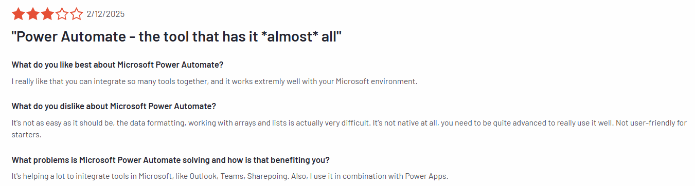 Screenshot of a G2 review for Power Automate