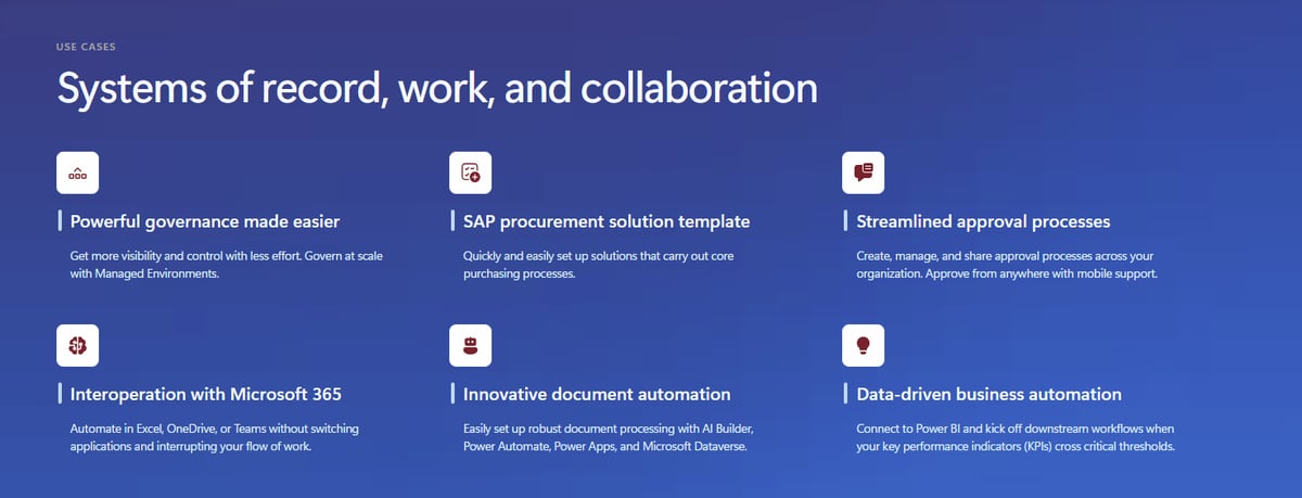 Screenshot of Power Automate’s use cases from their website