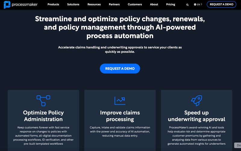 ProcessMaker's product page for claims handling and underwriting approval
