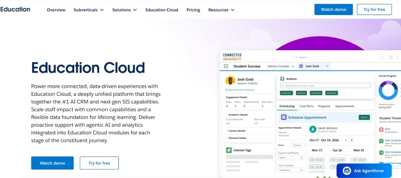 Screenshot of Salesforce Education Cloud’s homepage