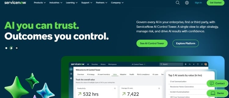 Screenshot of ServiceNow’s homepage