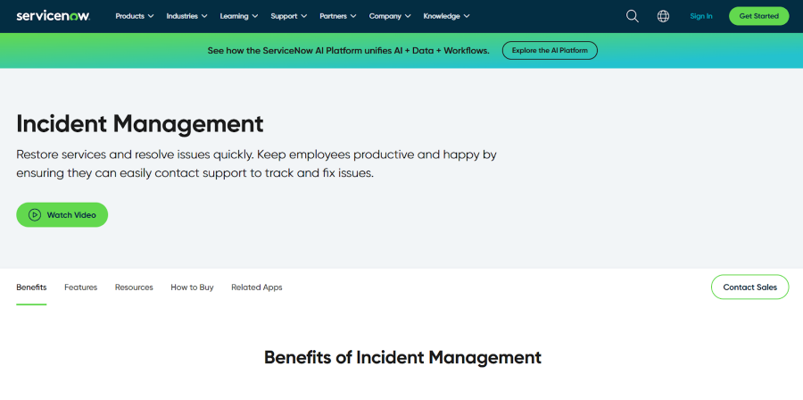 Screenshot of ServiceNow’s Incident Management landing page, highlighting features with a dashboard view.