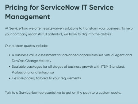  Screenshot of ServiceNow IT Service Management pricing overview outlining custom quote featur