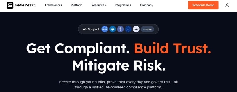 Screenshot of Sprinto’s homepage