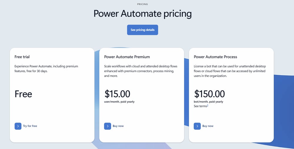 Screenshot of Power Automate’s pricing page
