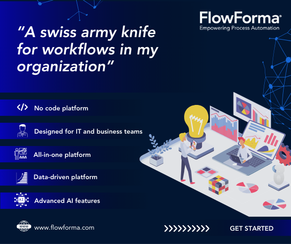 Infographic showing the features of FlowForma and a customer quote