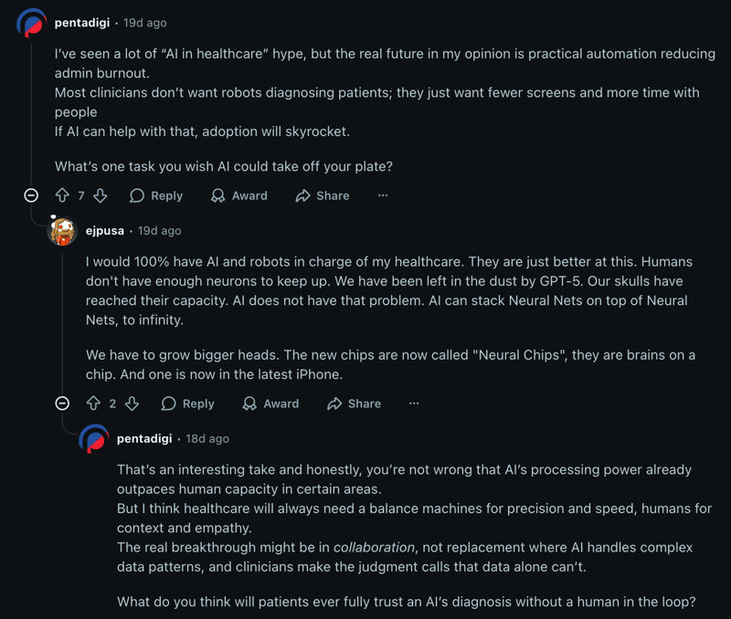 Screenshot of Reddit discussion on the application of AI in healthcare