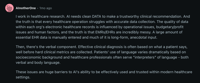 Screenshot of Reddit conversation on the dependability of AI on clean and structured data