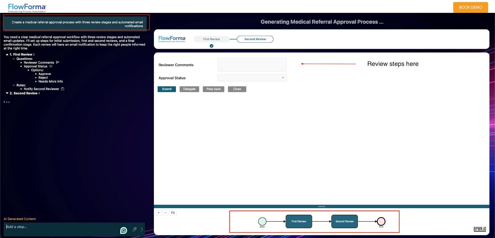 Screenshot of FlowForma Playground converting a prompt into a live healthcare workflow