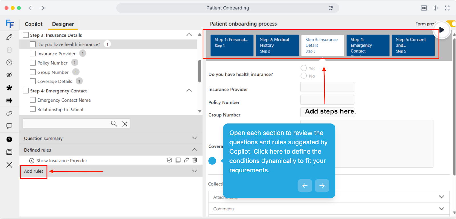 Demo screenshot of building a patient scheduling workflow using FlowForma AI Copilot