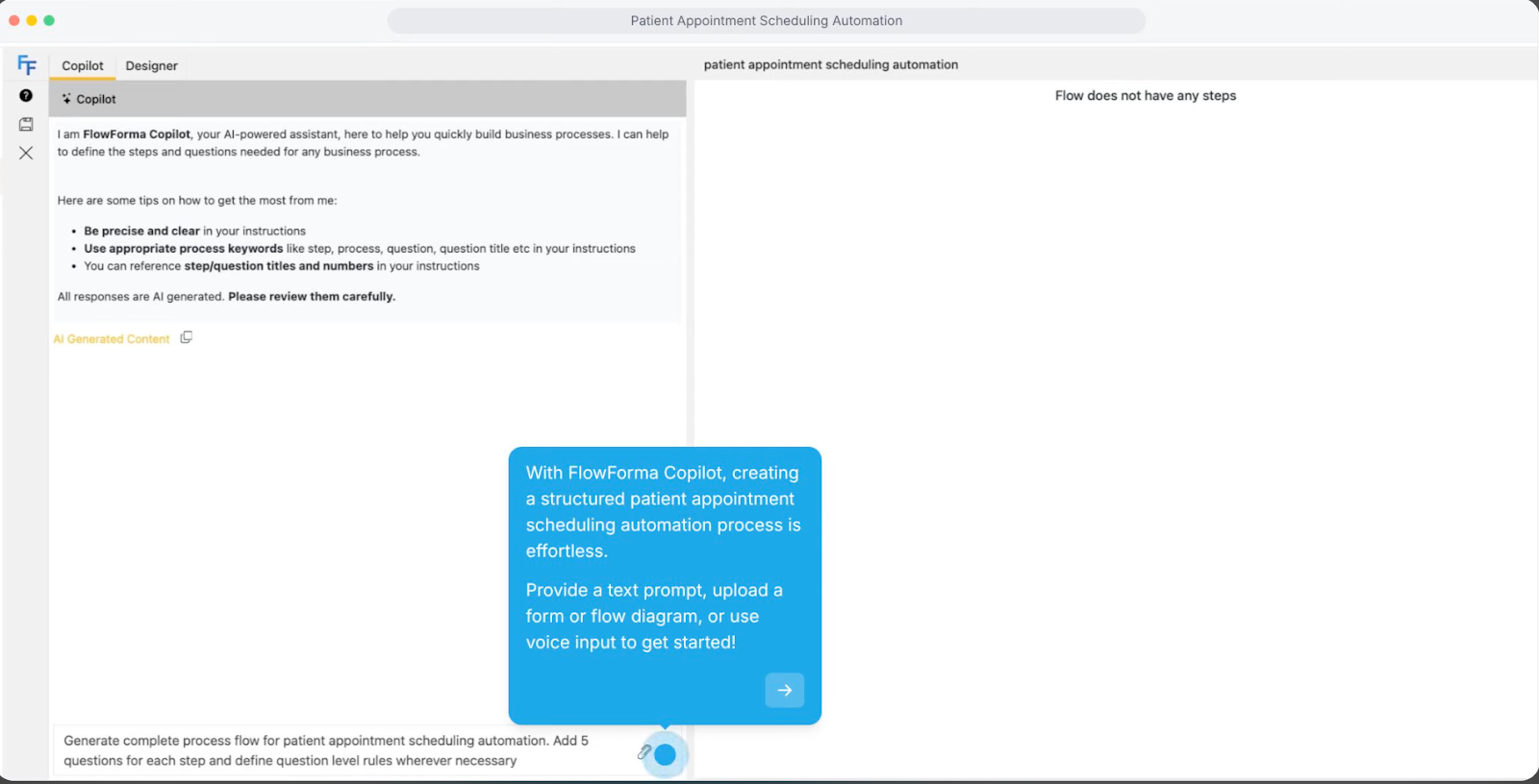 Demo screenshot of patient appointment scheduling using FlowForma AI Copilot
