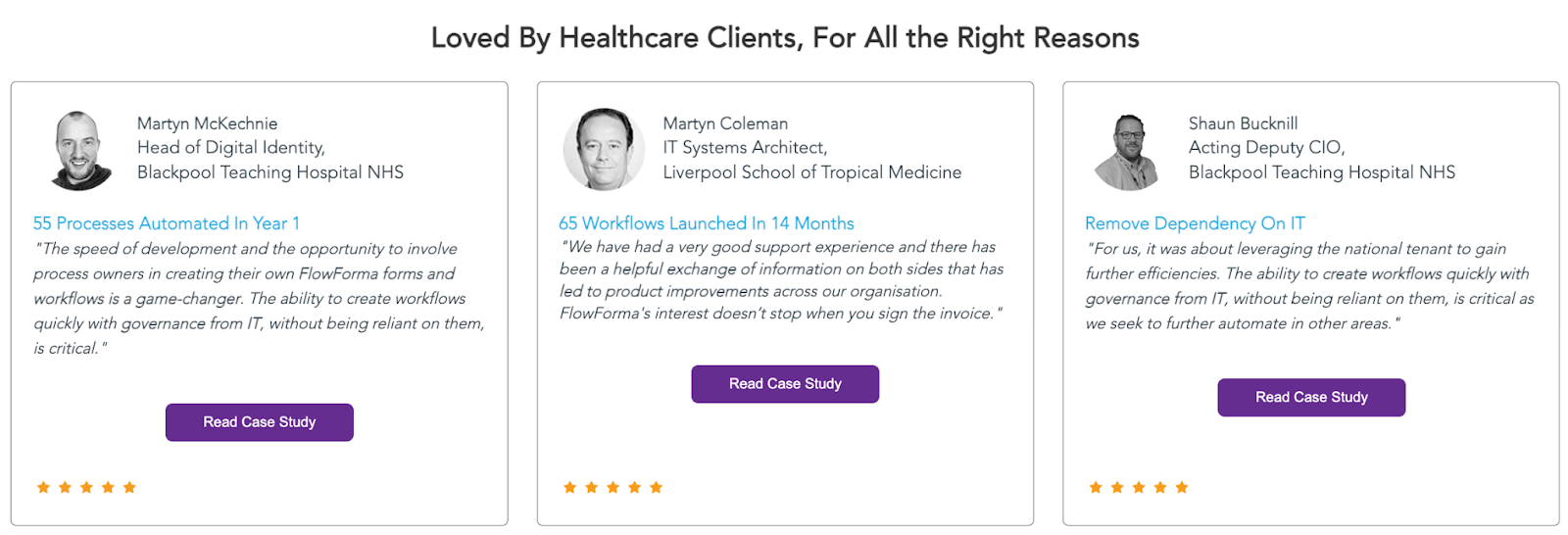 Screenshot of FlowForma’s healthcare client testimonials