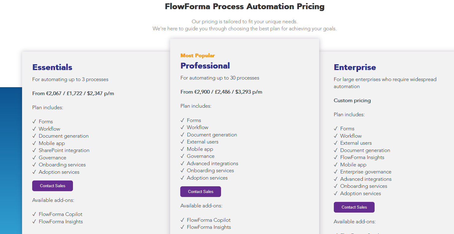 Screenshot of FlowForma’s pricing page