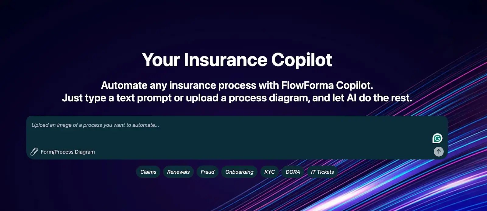 Screenshot of the FlowForma insurance copilot page