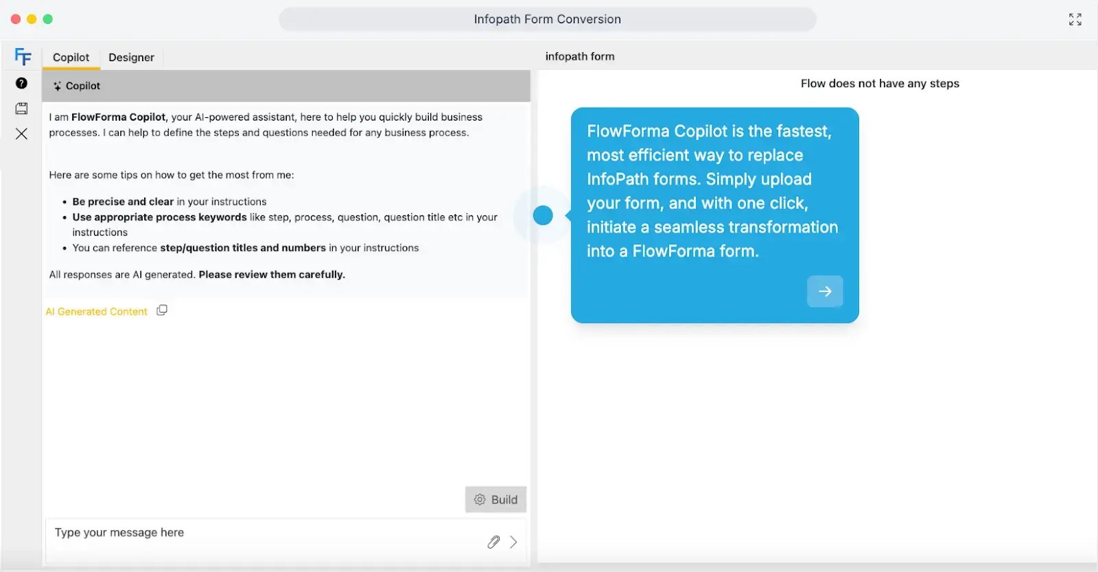 Demo screenshot of InfoPath form replacement using FlowForma AI Copilot