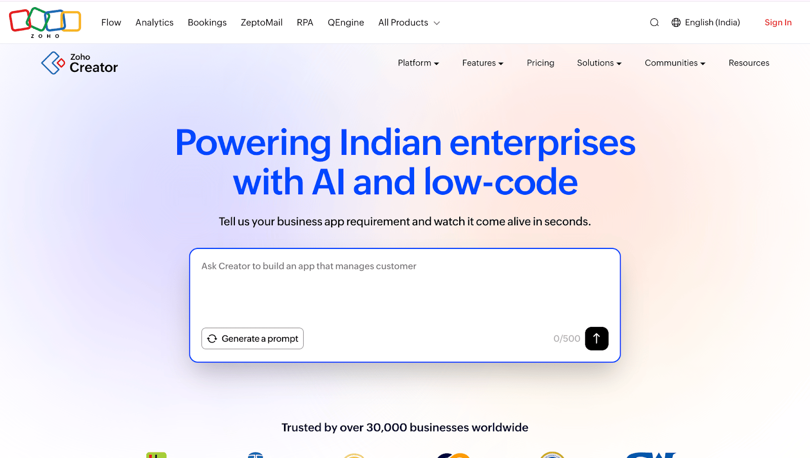  Screenshot of Zoho Creator’s Homepage