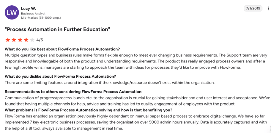 Screenshot of G2 user review of FlowForma adoption in education