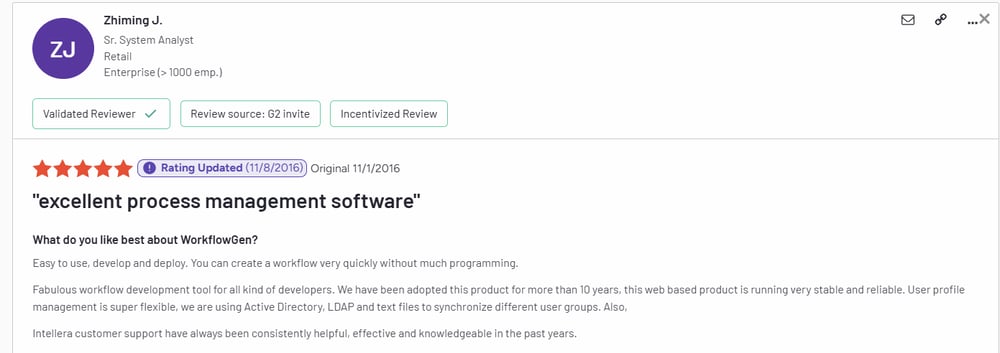 User review screenshot from G2 of WorkflowGen