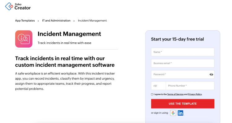 Screenshot of the Zoho Creator Incident Management page with a free trial sign-up form.