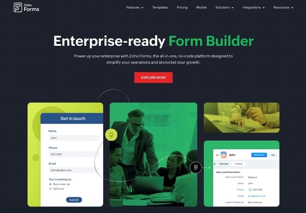 Screenshot of Zoho Forms homepage