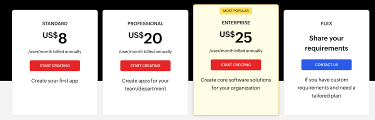 Screenshot of Zoho Creator pricing plans including Standard, Professional, Enterprise, and Flex tiers.