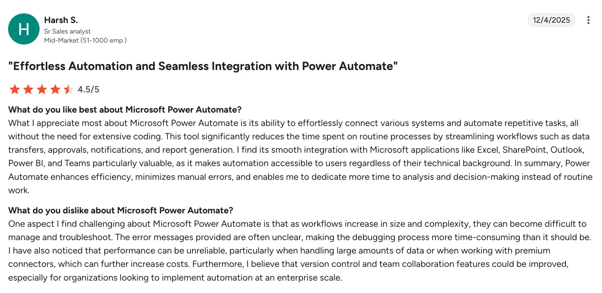 G2 review highlighting Power Automate's accessible interface
