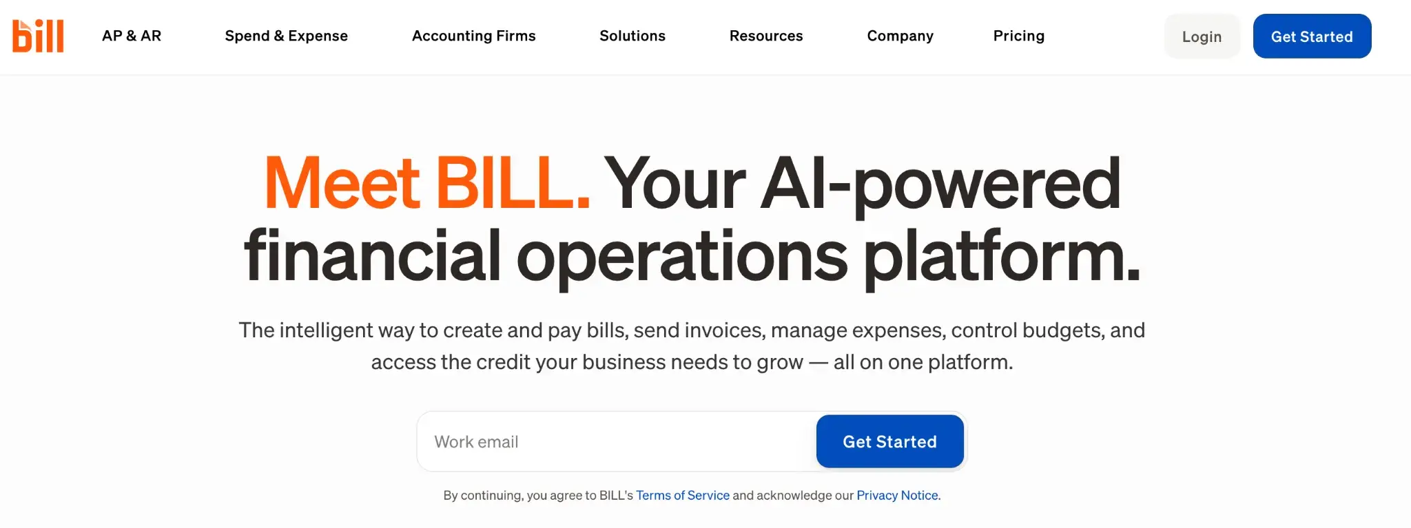 Screenshot of BILL’s homepage